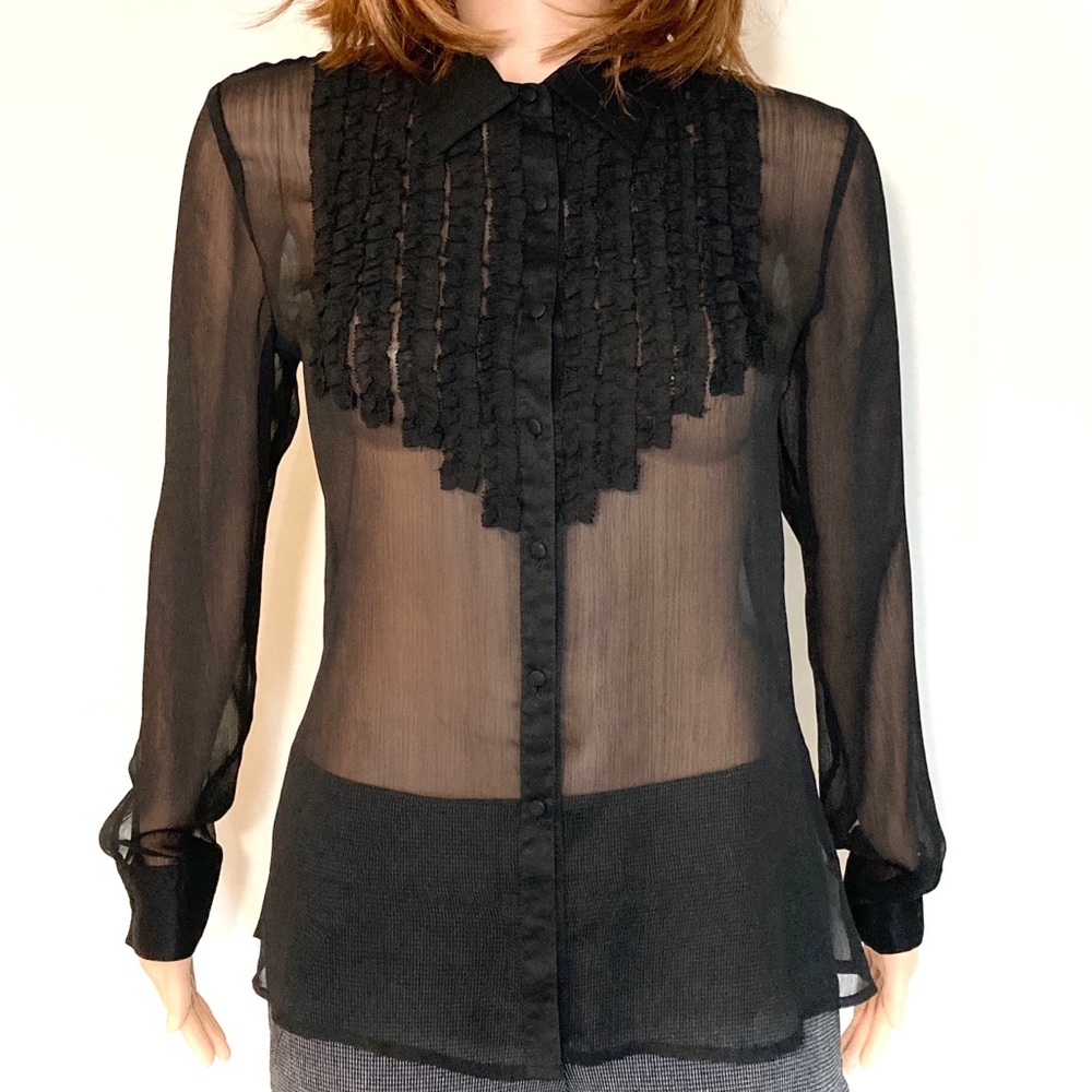 Sheer Black Ruffle Bib Button-Down Shirt